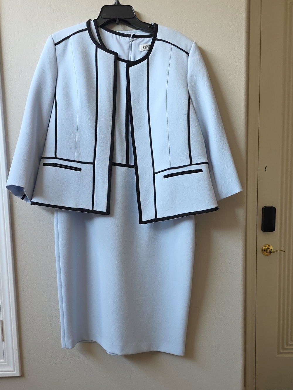 Kasper Light Blue Jacket & Dress Set with Black Trim